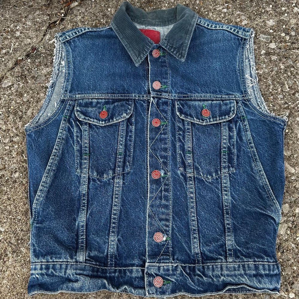Vintage 8Plain Pockets Denim cut off Vest Mens Corduroy Collar, Pockets Sz L